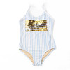 Girls striped one piece swimsuit with reversible sequin flag design, fun and interactive kids swimwear.