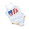 Girls red white and blue striped one piece swimsuit with sequin flag detail, trendy kids swimwear.