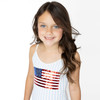 Girls striped swimsuit with sequin American flag detail, patriotic kids swimwear close-up on model.