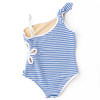 Girls ribbed stripe one piece swimsuit with daisy cut out accent and soft stretch fit, trendy kids swimwear.