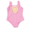 Girls striped crinkle one piece swimsuit in pink with scoop back and flexible fit, trendy kids swimwear.