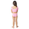 Girls pink bikini set with smocked fit and puff sleeve top, comfortable kids swimwear from back view.