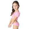 Shade Critters girls eyelet smocked bikini set in pink with puff sleeve top, stylish kids swimwear shown on model.