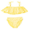 Girls yellow eyelet two piece swimsuit with ruffle off shoulder bikini top and matching bottoms, cute kids swimwear.