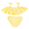 Girls yellow eyelet two piece swimsuit with ruffle top and coordinating bottoms, comfortable and stylish kids swimwear.