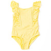 Shade Critters girls eyelet ruffle one piece swimsuit in butter yellow, textured kids swimwear with ruffle shoulder straps and soft fabric.