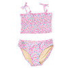 Shade Critters girls smocked bikini set in electric daisy floral print, two piece swimsuit with tie straps and colorful kids swimwear design.