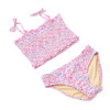 Girls floral smocked bikini in bright daisy print with adjustable tie straps and soft stretch fabric, stylish kids two piece swimsuit.