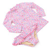 Girls long sleeve rashguard bikini set in ditsy floral print with vibrant colors, stylish kids swimwear for sun protection.