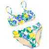 Girls citrus print smocked bikini with adjustable straps and vibrant lemon floral pattern, trendy kids two piece swimsuit.