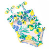 Girls citrus print one piece swimsuit with ruffle straps and vibrant lemon floral pattern, stylish kids swimwear.