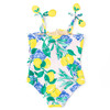 Girls lemon print one piece swimsuit with ruffle detail and bright floral design, trendy kids swimwear for summer.
