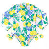 Shade Critters girls long sleeve one piece swimsuit in Santorini citrus print with lemons, florals, and tassel ties, UPF sun protection kids swimwear.