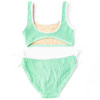 Girls mint crinkle two piece swimsuit with scoop back top and matching bottoms, comfortable and trendy kids swimwear.