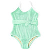 Shade Critters girls crinkle one piece swimsuit in mint green with belted waist detail, textured kids swimwear with modern fit.