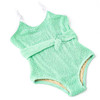 Girls mint green crinkle one piece swimsuit with adjustable belt and soft stretch fabric, stylish kids swimwear.