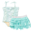 Girls mint ombre one piece swimsuit with cinched detail and matching fringe skirt cover up, trendy kids swimwear set.