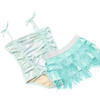 Girls mint green one piece swimsuit with cinched front and coordinating fringe skirt, stylish kids swimwear set.