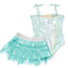 Girls mint ombre swimsuit set with cinched one piece and matching fringe skirt cover up, trendy kids summer swimwear.