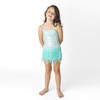 Girls ombre swimsuit with fringe skirt cover up in soft mint tones, cute kids swimwear outfit for beach and pool.