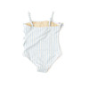 Girls picnic stripe one piece swimsuit with ruffle straps and embroidered details, comfortable and stylish kids swimwear.