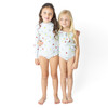 Girls embroidered one piece swimsuit in pastel stripe, cute kids swimwear shown on models, perfect for beach and pool days.