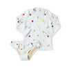 Shade Critters girls rashguard swim set in pastel picnic stripe with colorful embroidered icons, long sleeve swim top and matching bikini bottoms, UPF kids swimwear.