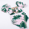 picture of SG06B-159 -high waist puff sleeve bikini - pink palm picture of SG06B-159 -high waist puff sleeve bikini - pink palm