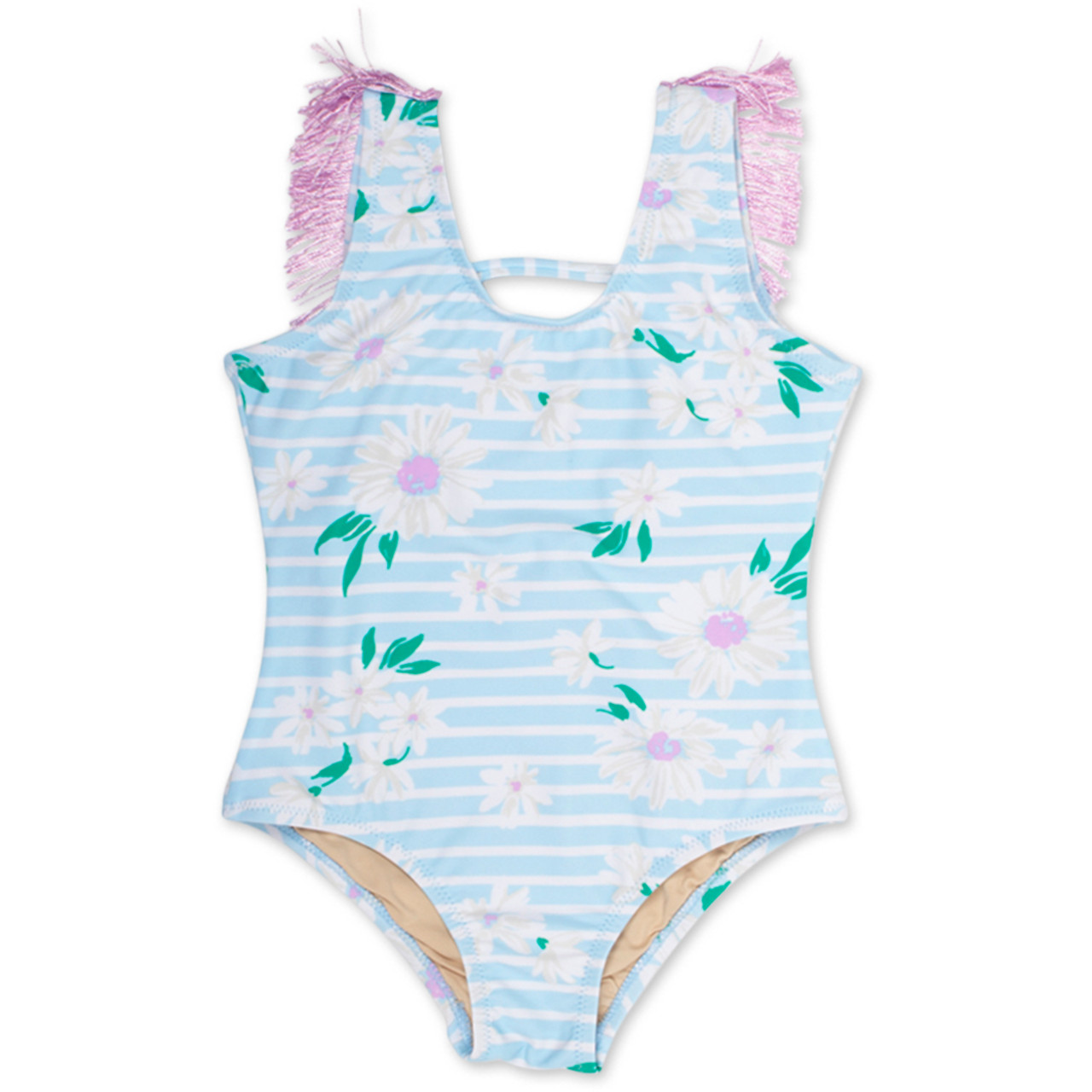 Blue Daisy Stripe One Piece Fringe Back Girls 6m-10 - Shade Critters