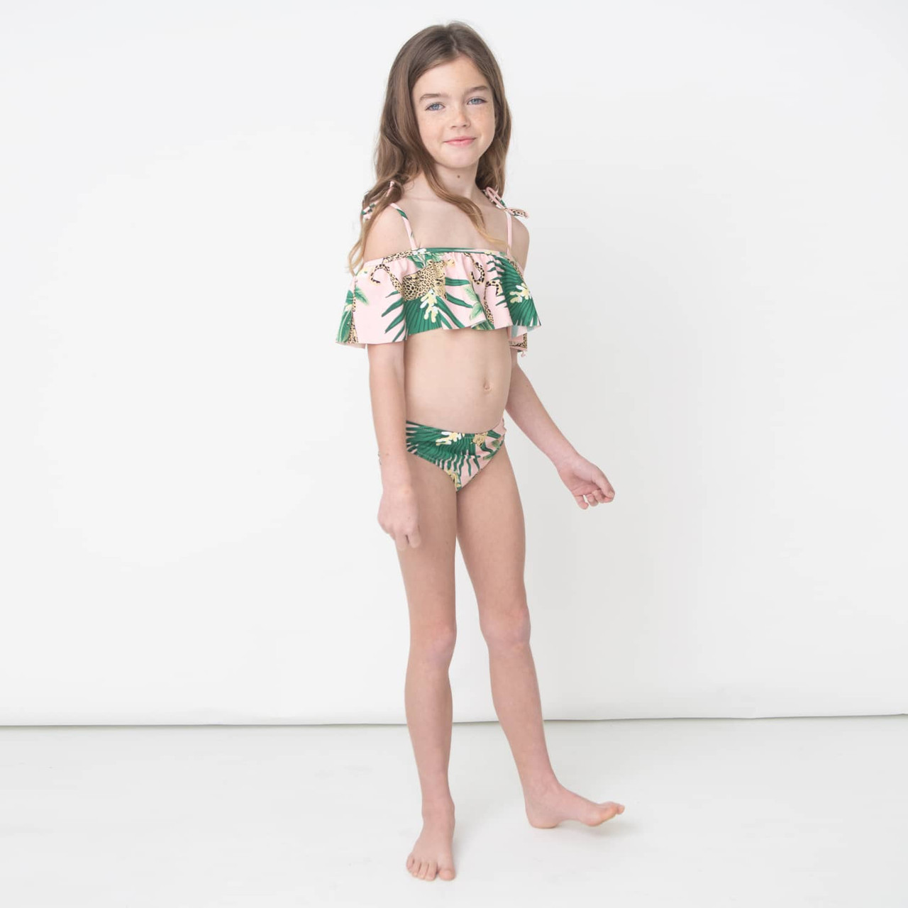 Tween Girl Leopard Ruffle Trim Bikini Swimsuit