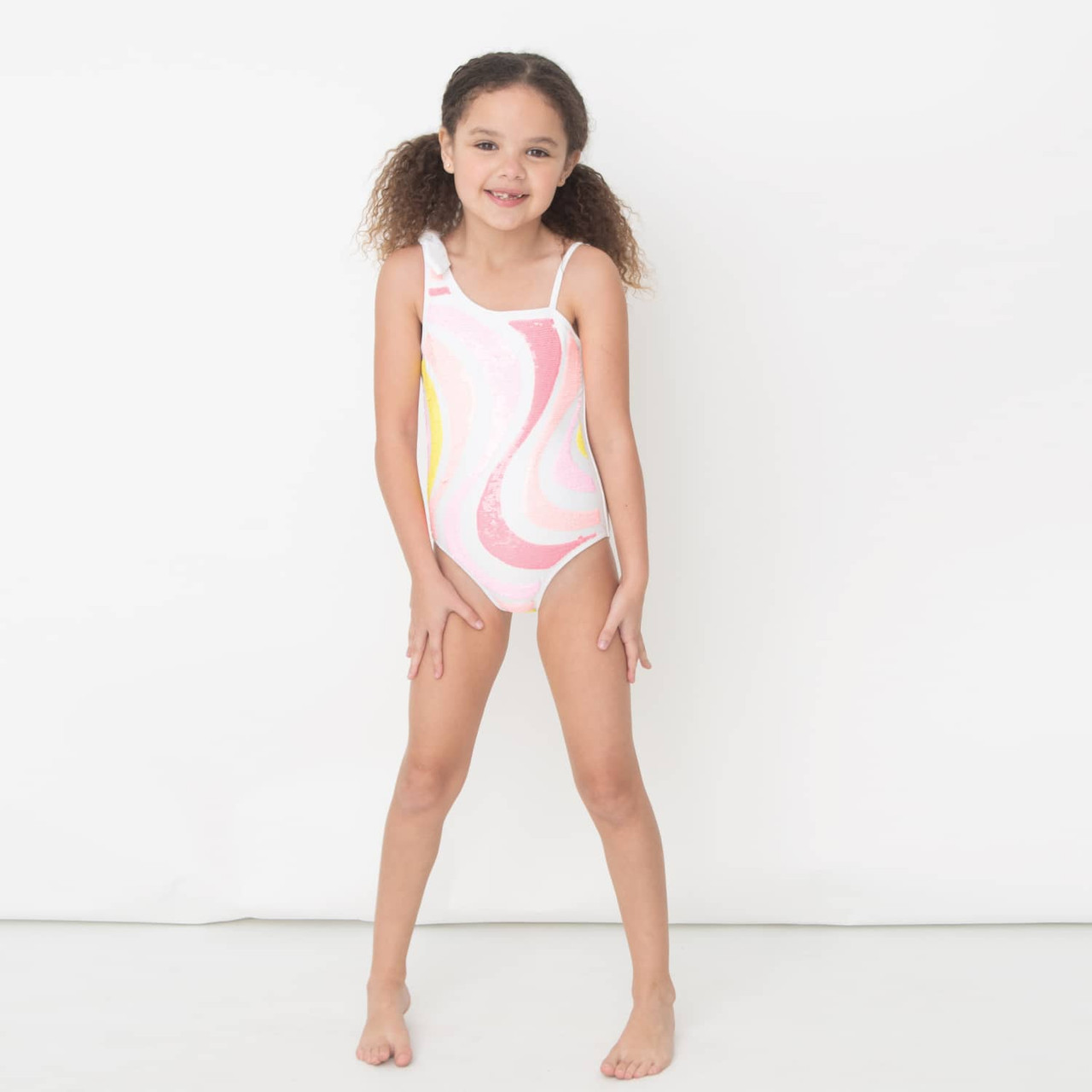 Hibiscus Stripe Sequins Girls One Piece Swimsuit 3-10 - Shade Critters