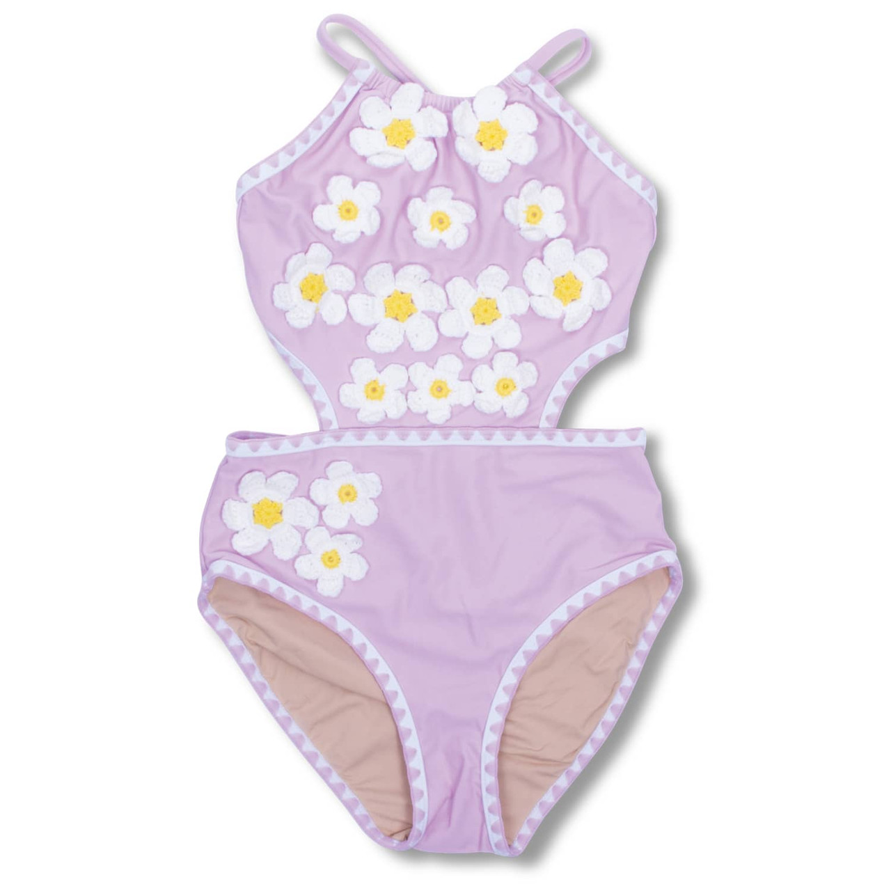 Crochet Lavender Daisy Girls Halter One Piece Swimsuit 2-14