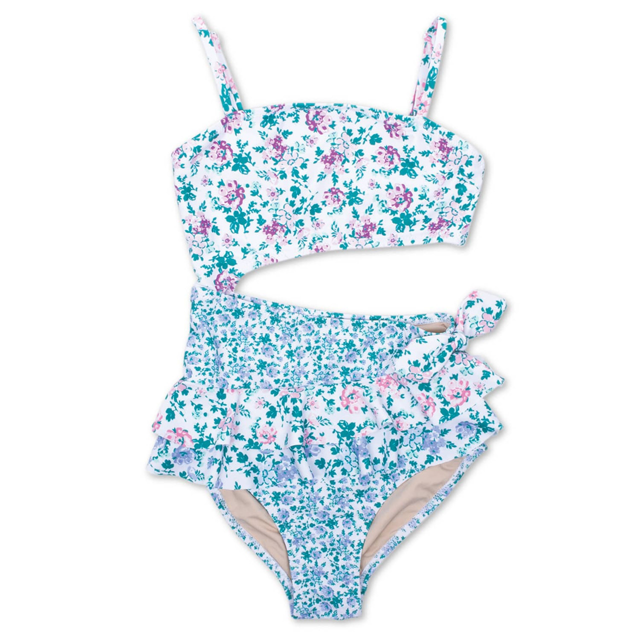 Blue Floral Patchwork Girls Cutout One Piece Swimsuit 2-10