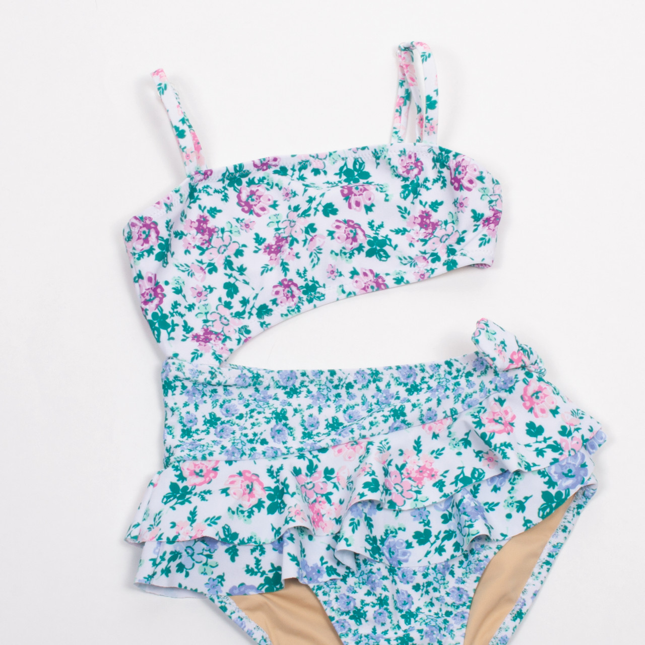 Blue Floral Patchwork Girls Cutout One Piece Swimsuit (2t, 3t only