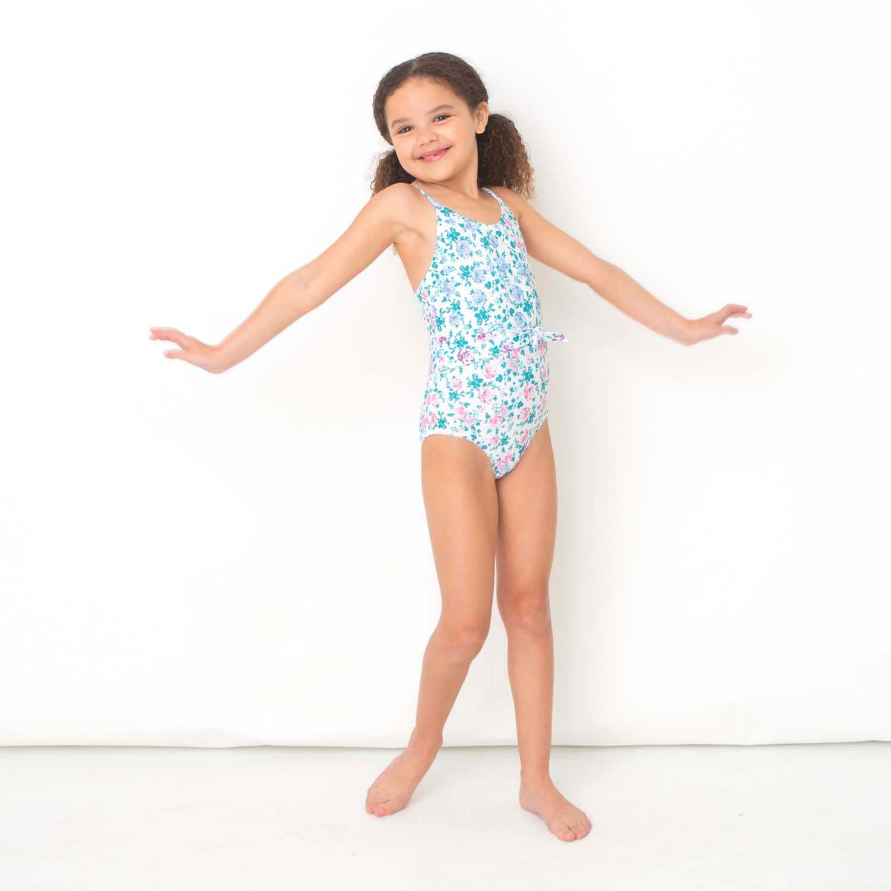 Blue Floral Patchwork Girls Wrap One Piece Swimsuit 2-10 - Shade Critters