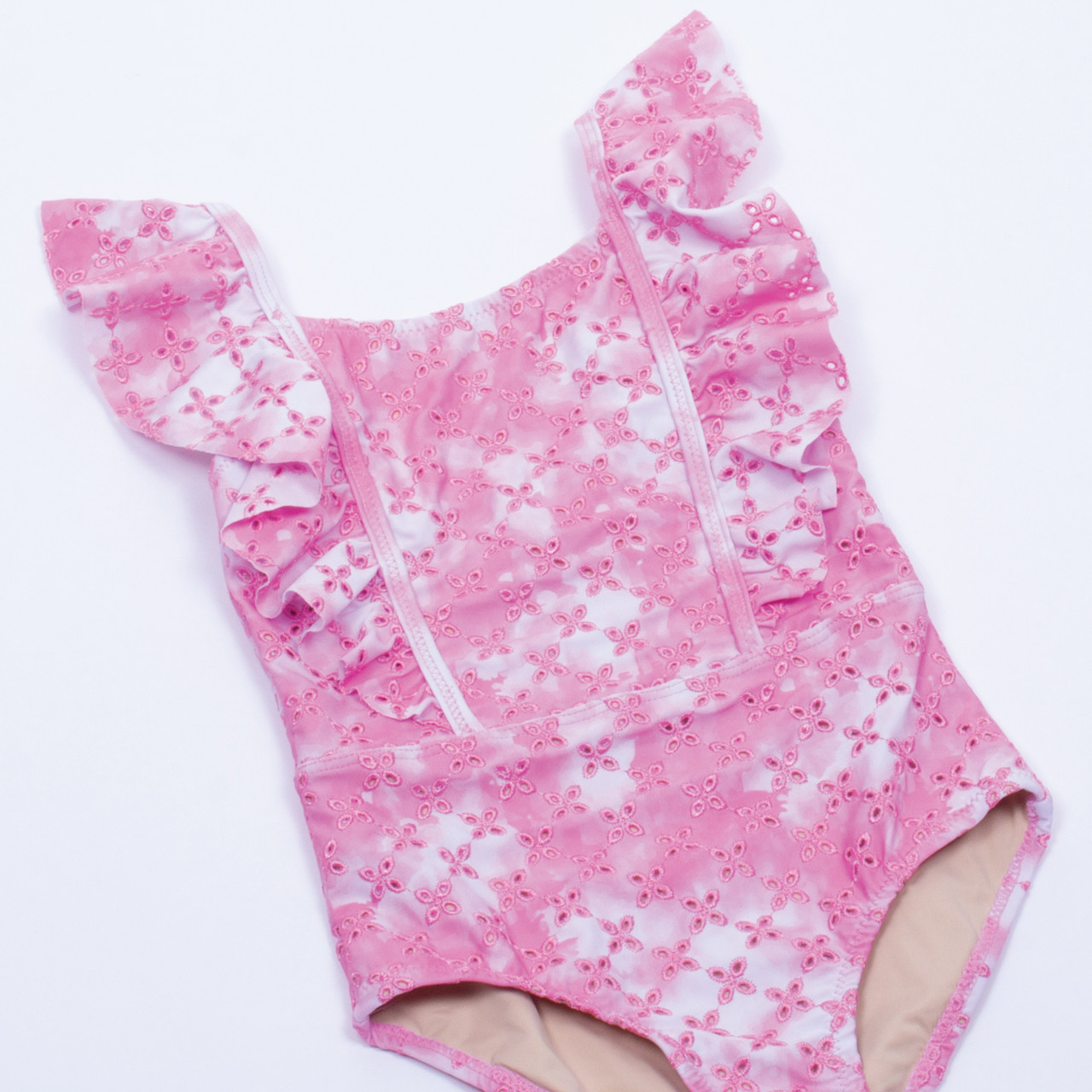 Bubblegum Pink Eyelet Girls Ruffle Shoulder One Piece Swimsuit