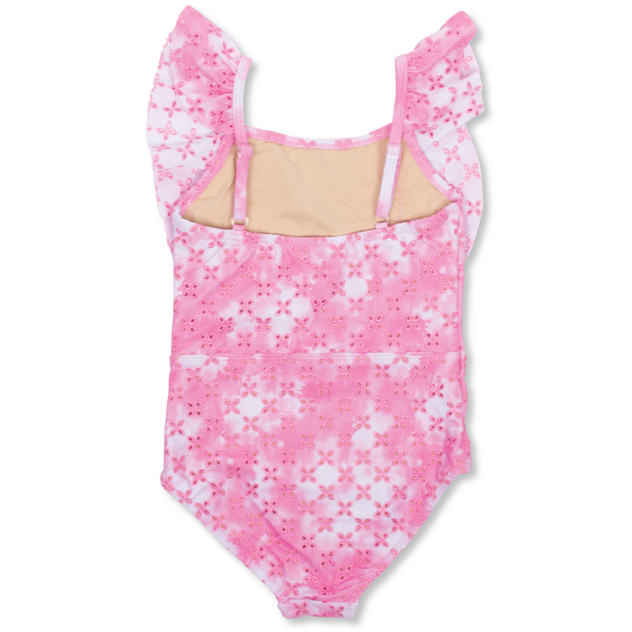 Bubblegum Pink Eyelet Girls Ruffle Shoulder One Piece