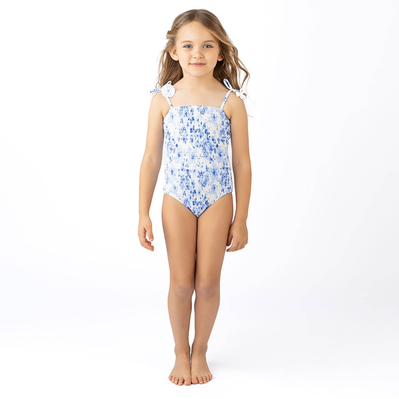 Hibiscus Rose Girls Smocked PomPom One Piece Swimsuit 6m-10
