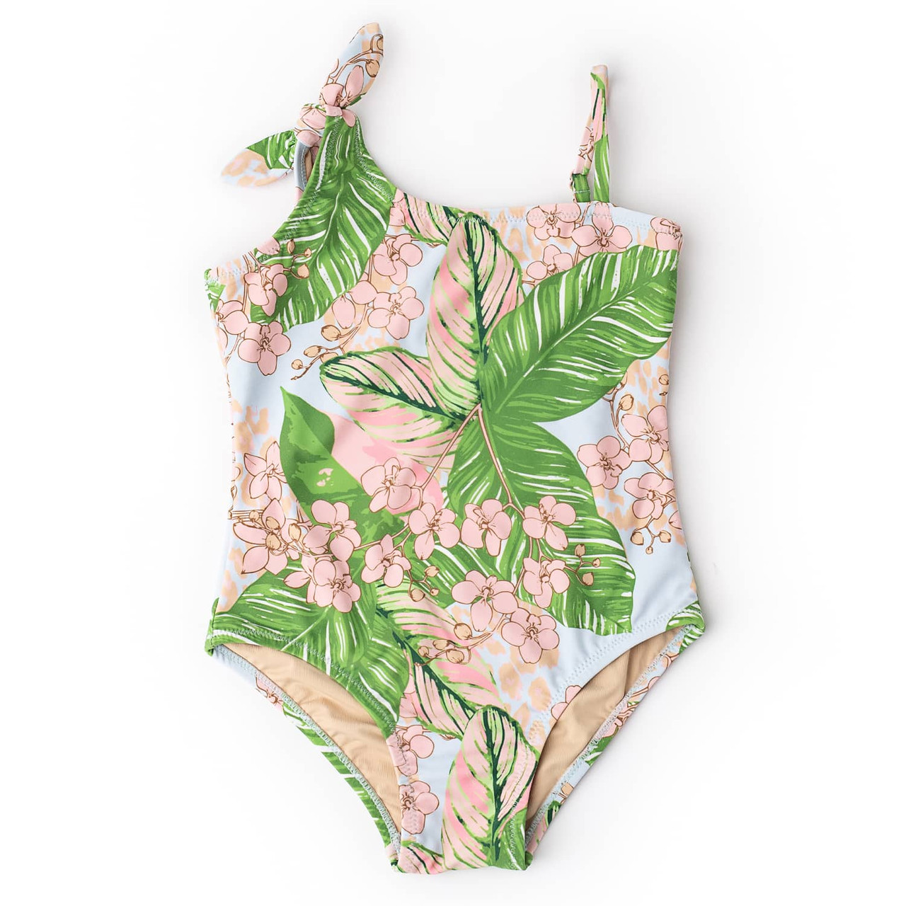 Botanical Palms Girls One Shoulder One Piece Swimsuit 3-14