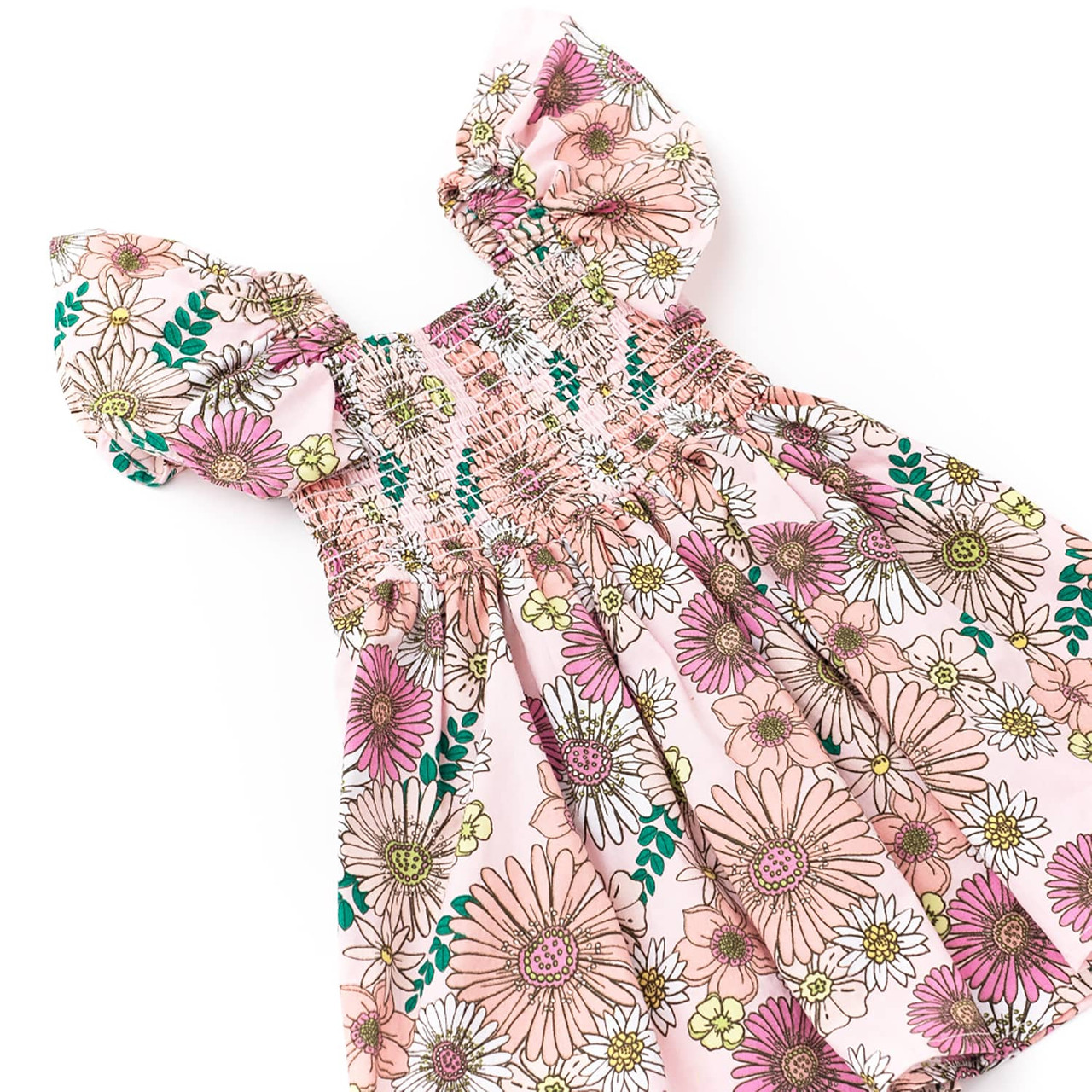 送料無料 日本 Cotton Blossom Retro Girls 3-14 Dress Sleeve Flutter Smocked ワンピース