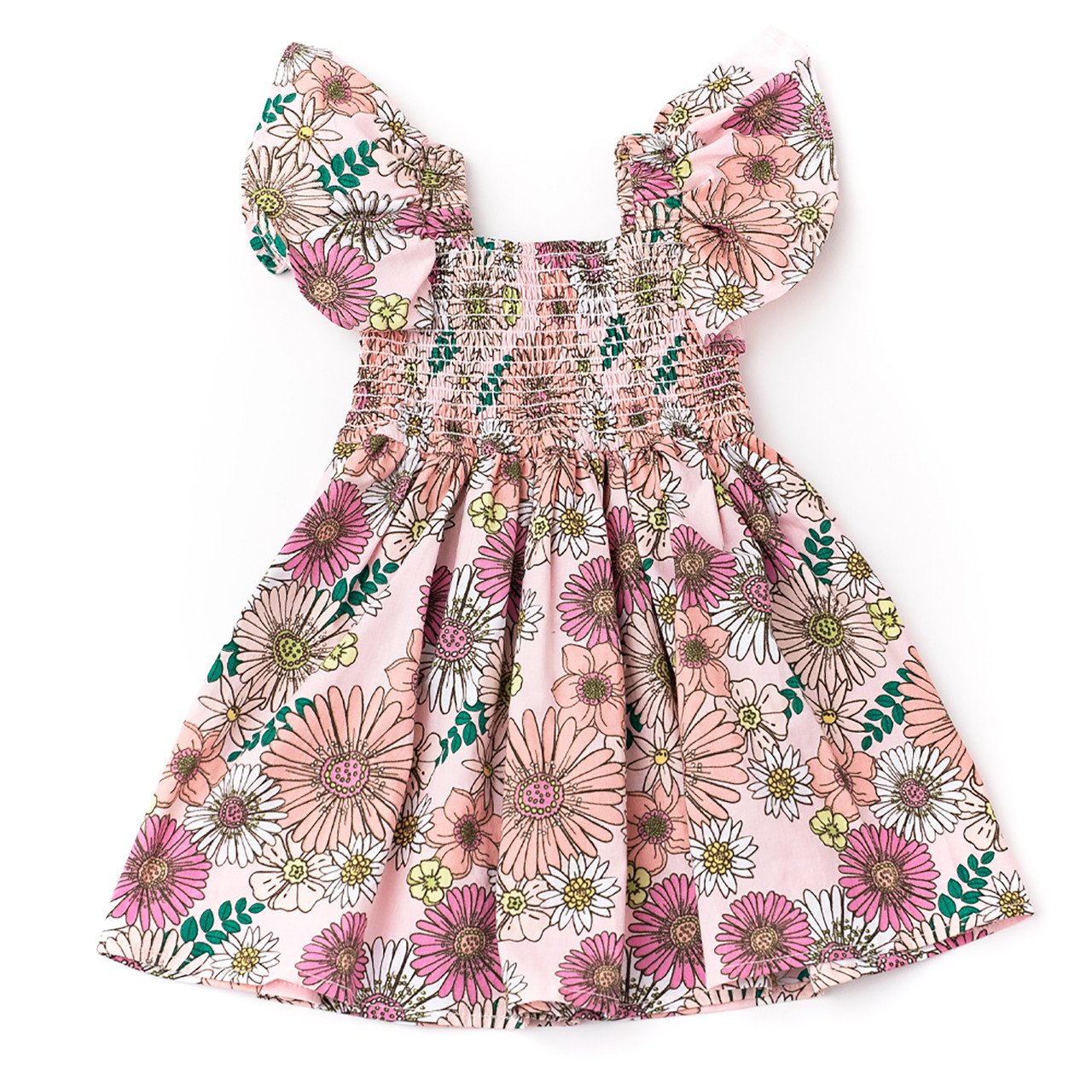 Retro Blossom Cotton Girls Smocked Flutter Sleeve Dress 3-14 - Shade  Critters