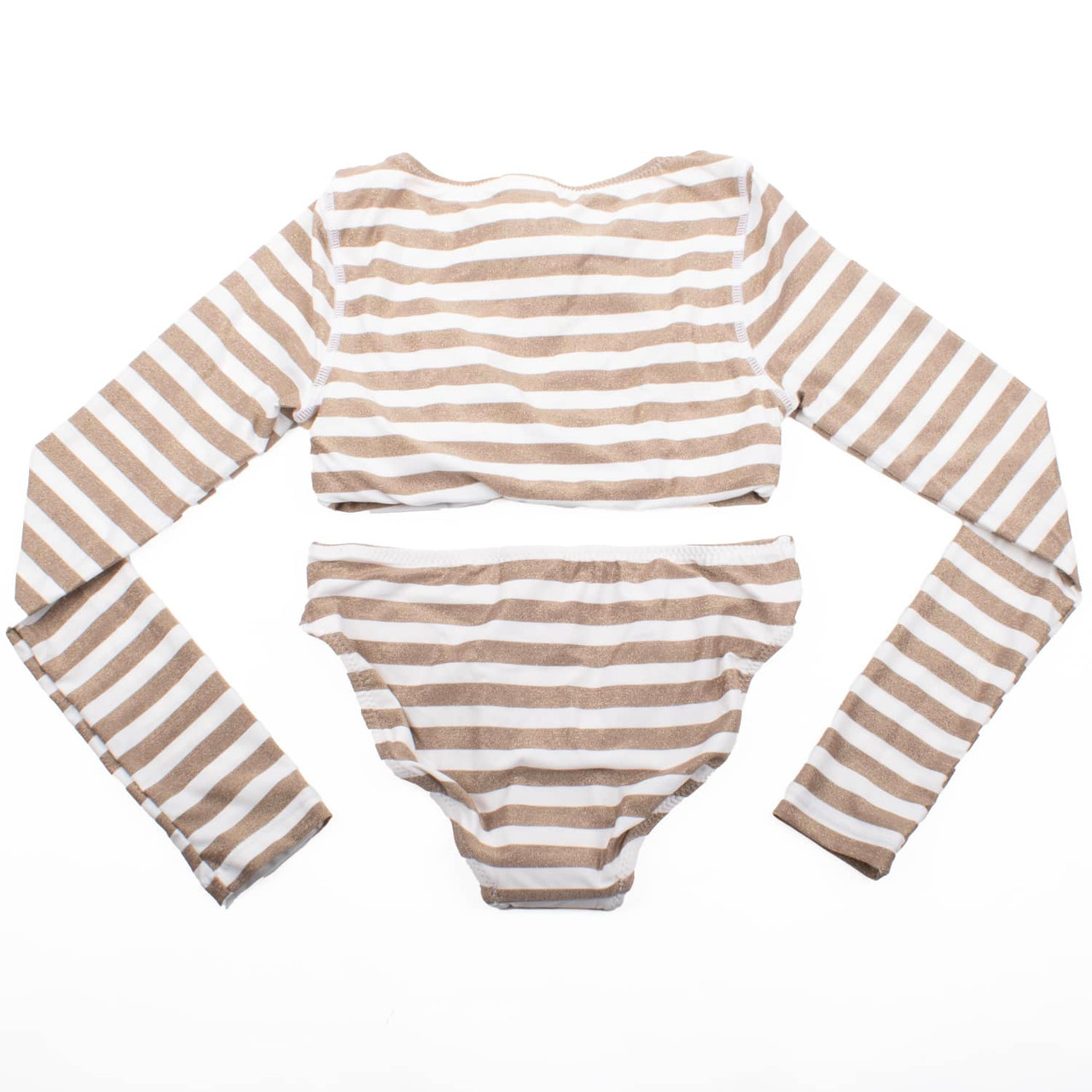 Neutral Gold Stripe Girls Lace Up Cropped Rashguard Swim Set