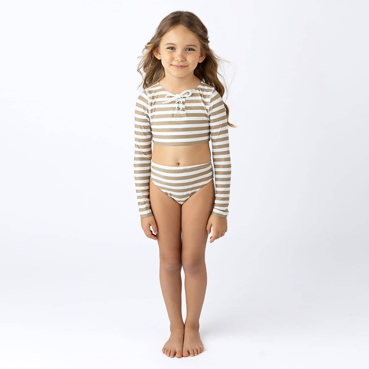 Neutral Gold Stripe Girls Lace Up Cropped Rashguard Swim Set