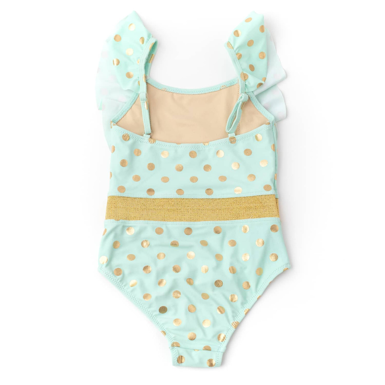 Mint & Gold Dot Girls Ruffle Shoulder One Piece Swimsuit 6m