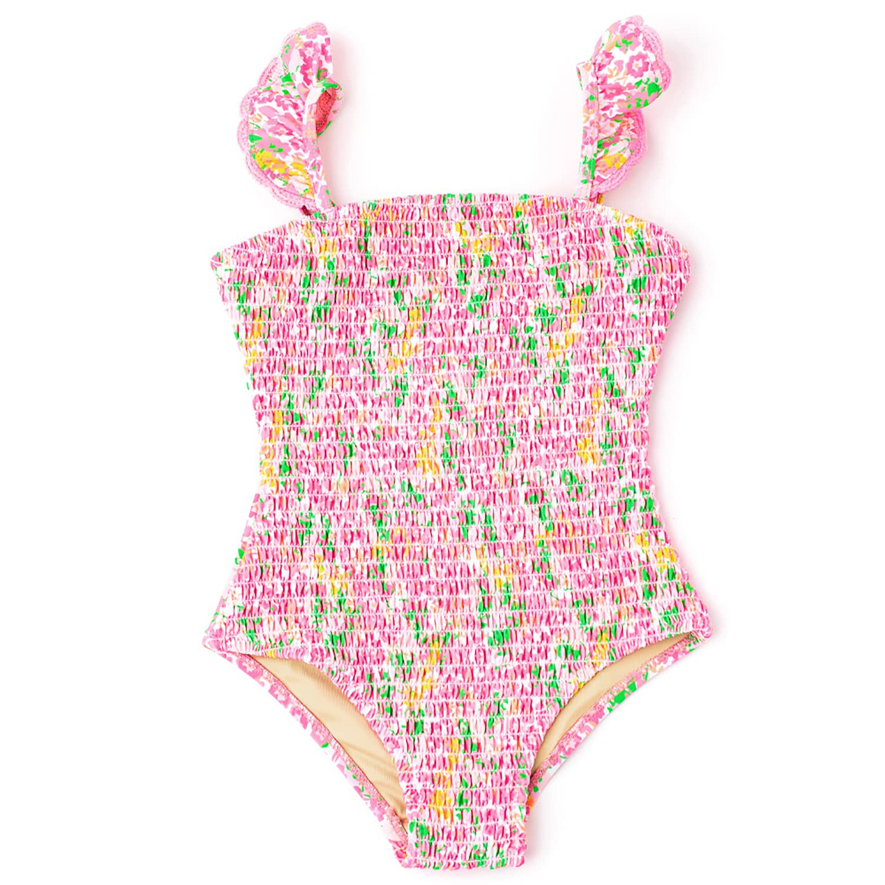 Fresh Floral Pink Crochet Trim Smocked One Piece Swimsuit 6m