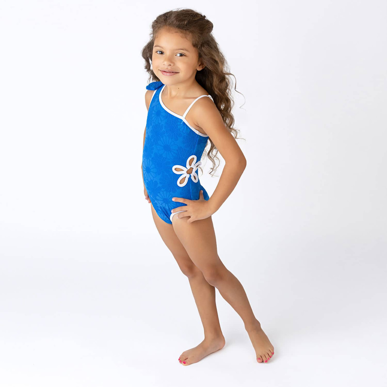Royal Blue Floral Girls Textured One Shoulder One Piece 2-10