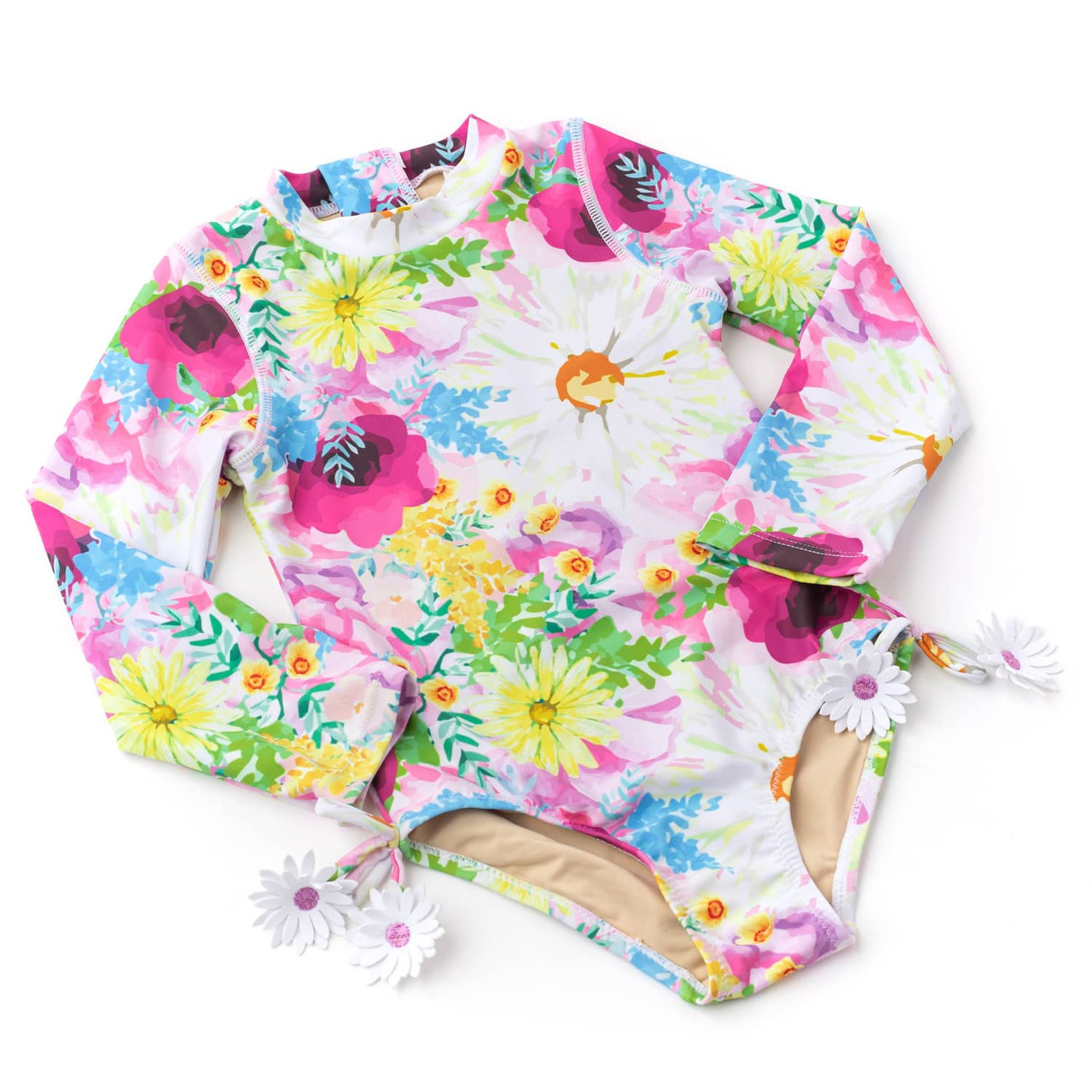 Watercolor Floral Girls Long Sleeve One Piece Swimsuit 6m-10 