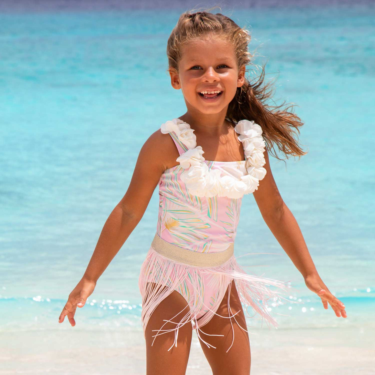Pink Green Metallic Girls Hula One Piece Skirt Swim Set 3t-10