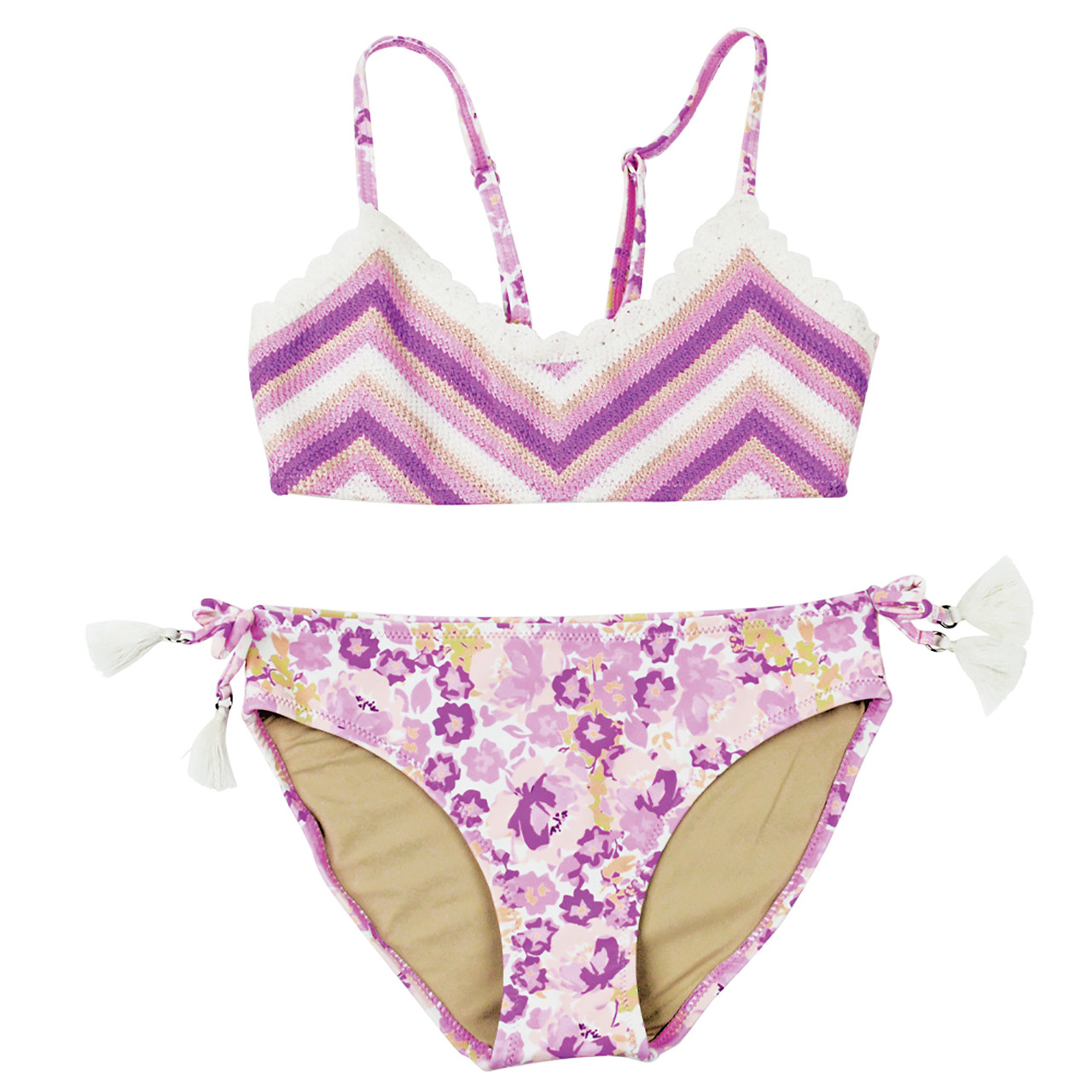 Purple Ditsy Floral Girls Crochet Tie Back Two Piece Swimsuit 7-14