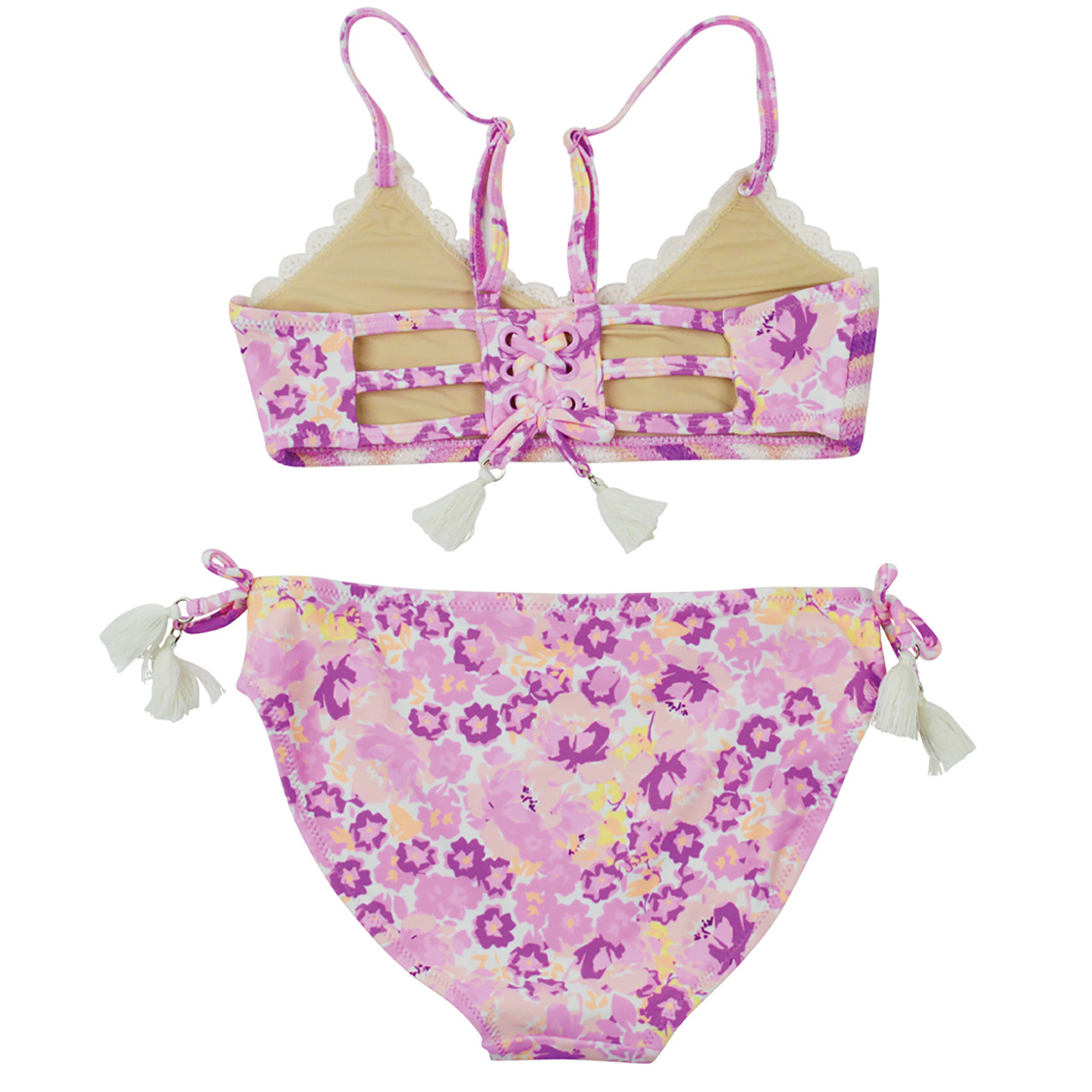 Purple Ditsy Floral Girls Crochet Tie Back Two Piece Swimsuit 7-14